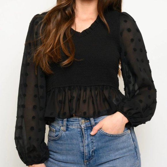 Tops - WOMEN'S SMOCKED LONG SLEEVE PEPLUM TOP